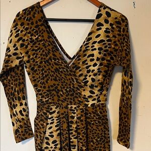Vintage 80s 90s Leopard Print Print Faux Wrap Top Bodysuit Catsuit Pockets Small